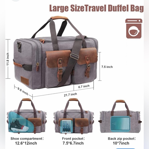 Aocome Gray Canvas Duffel Bag Leather Trim Travel Weekender/Shoe Compartment - Picture 2 of 13